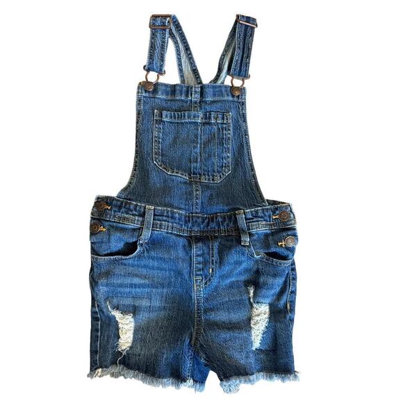 Cat & Jack Other - Girls Cat & Jack Distressed Navy Blue Denim Overall Shorts Size 7/8